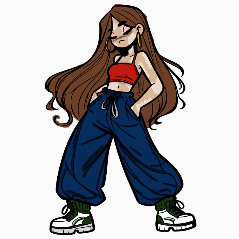 girl in baggy pants crop top and long hair