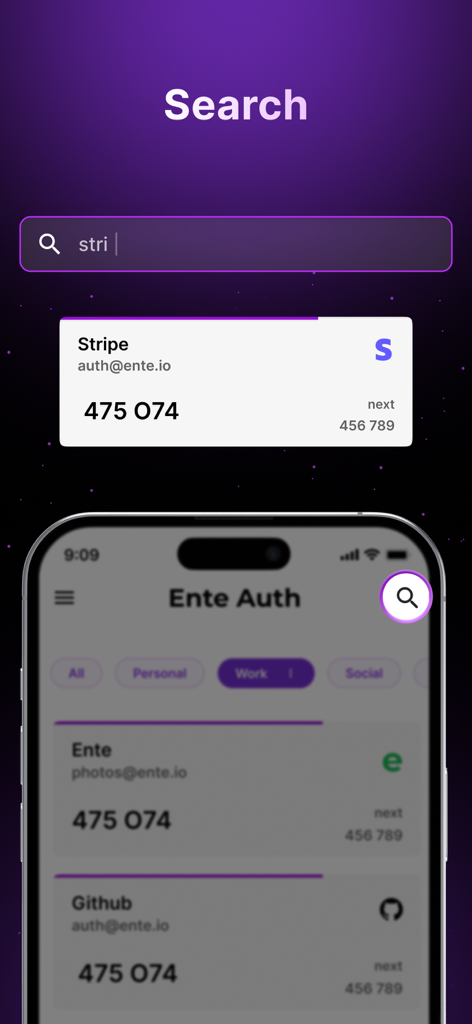 Ente Auth - 2FA Authenticator - Ente Auth app interface showing the search feature with a 2FA token for a Stripe account and other linked services like Github