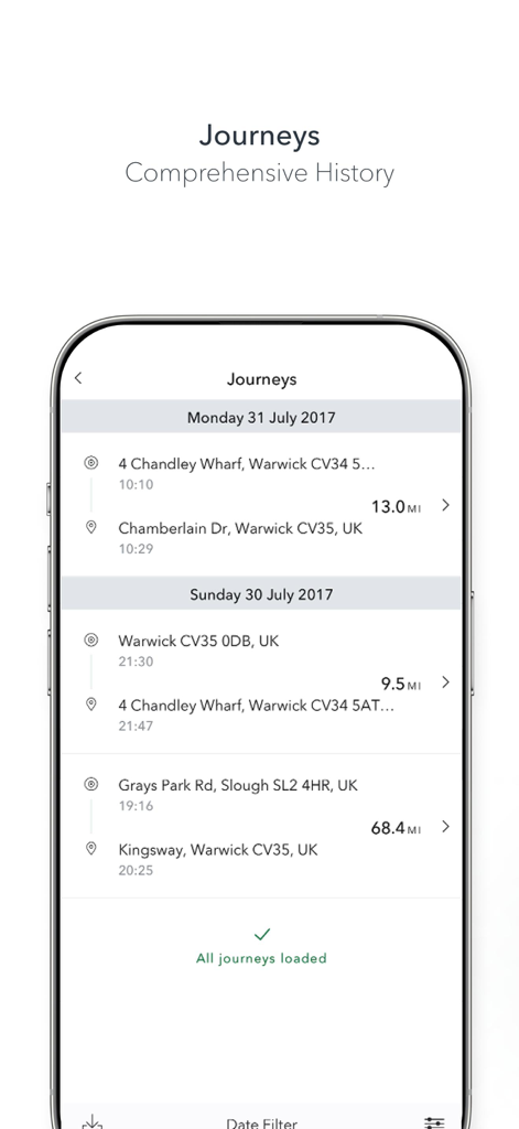 Oberfläche der Land Rover Remote App, die eine umfassende Fahrtenhistorie mit Reisedaten, Orten und Kilometerständen anzeigt.