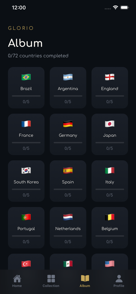 A grid view of country-themed fan card categories in the Glorio app album section showing collection progress for countries like Brazil and Argentina.