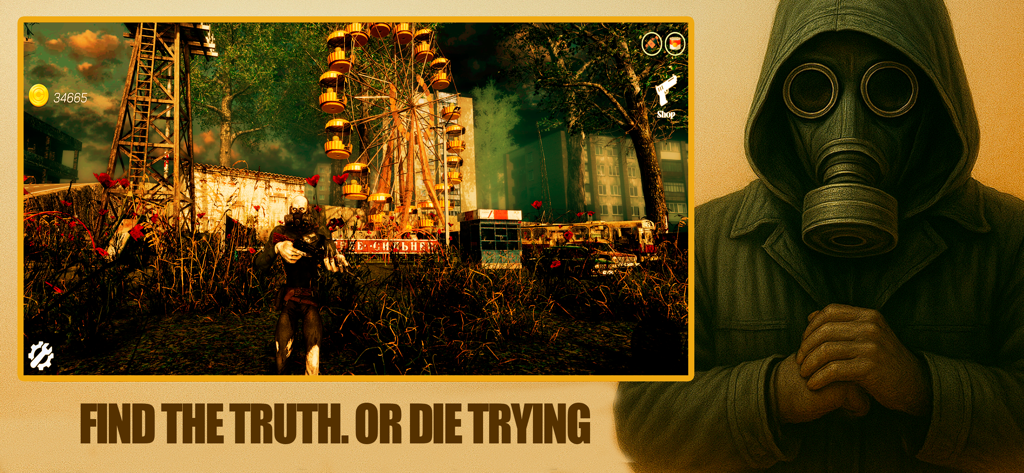 Chernobyl Legacy: Mutant Agent - 체르노빌 레거시 돌연변이 요원의 게임 플레이 스크린샷으로 버려진 관람차와 돌연변이 생명체가 보입니다