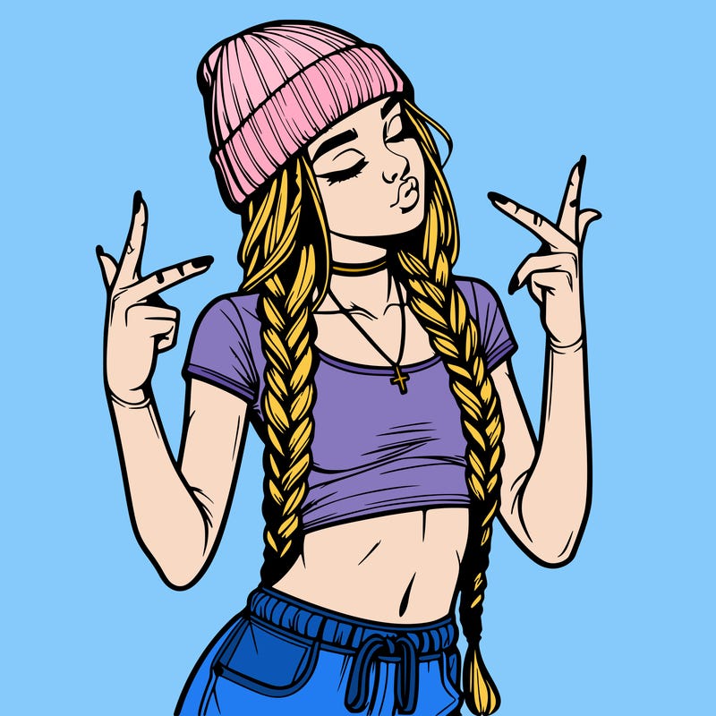realistic teenage girl with braids and a beanie and crop top doing 🫶🏼
