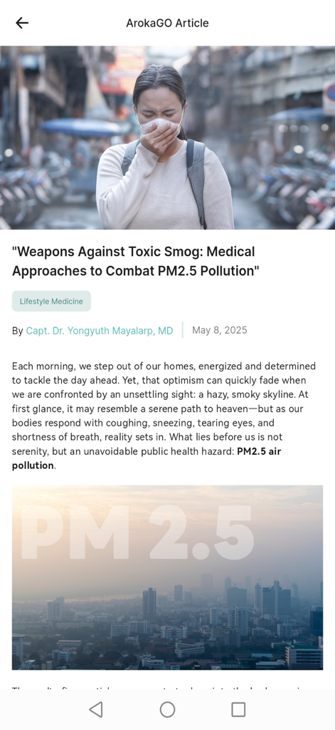 ArokaGO - ArokaGO app article titled Weapons Against Toxic Smog about medical approaches to combat PM2.5 air pollution.
