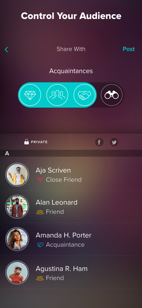 VERO - VERO app interface showing audience control options for sharing posts with specific contact groups like friends and acquaintances.