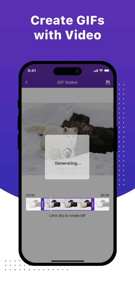 Screen recorder: Record now! - Interfaz de aplicación móvil que muestra la función creador de GIF generando un GIF a partir de un clip de video de un zorro ártico