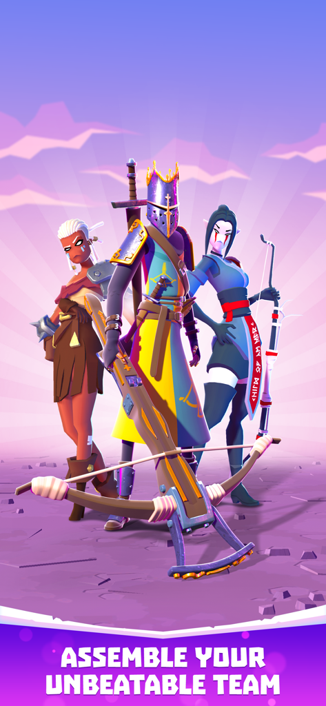Three stylized fantasy heroes including a knight and an archer under the text Assemble Your Unbeatable Team