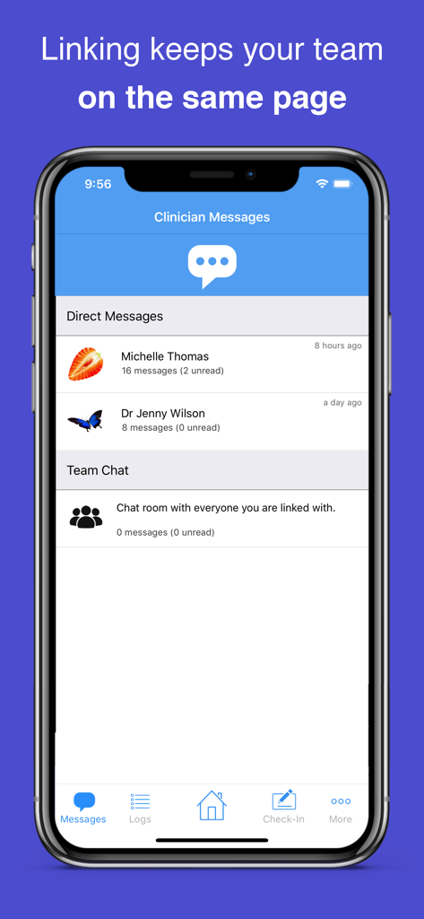 Clinician messaging and team chat interface in the Recovery Record app