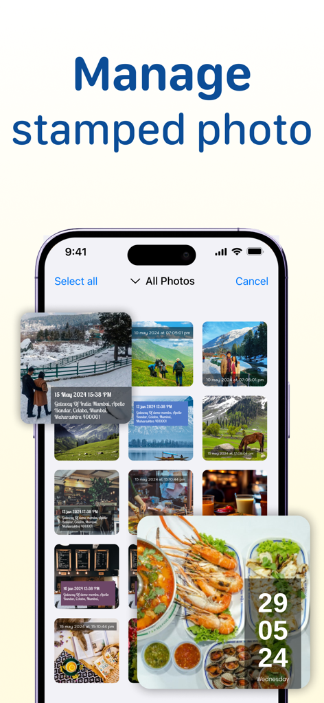 Time & Date Stamper on Photo - A mobile app interface displaying a gallery of photos with customized date time and location stamps