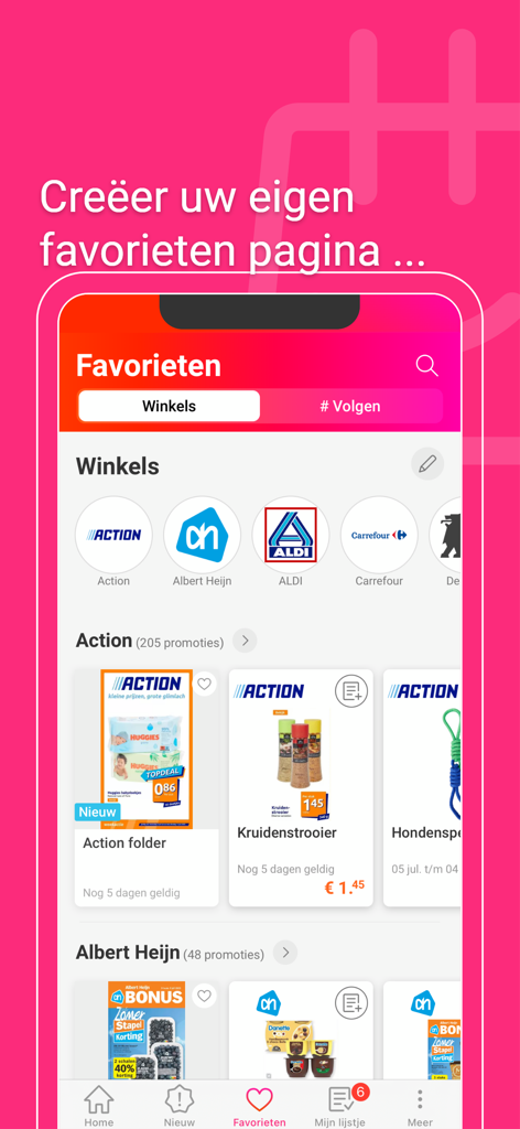 Screenshot der Promotiez App, der die Favoritenseite mit verschiedenen Logos von Geschäften und aktiven Aktionen zeigt