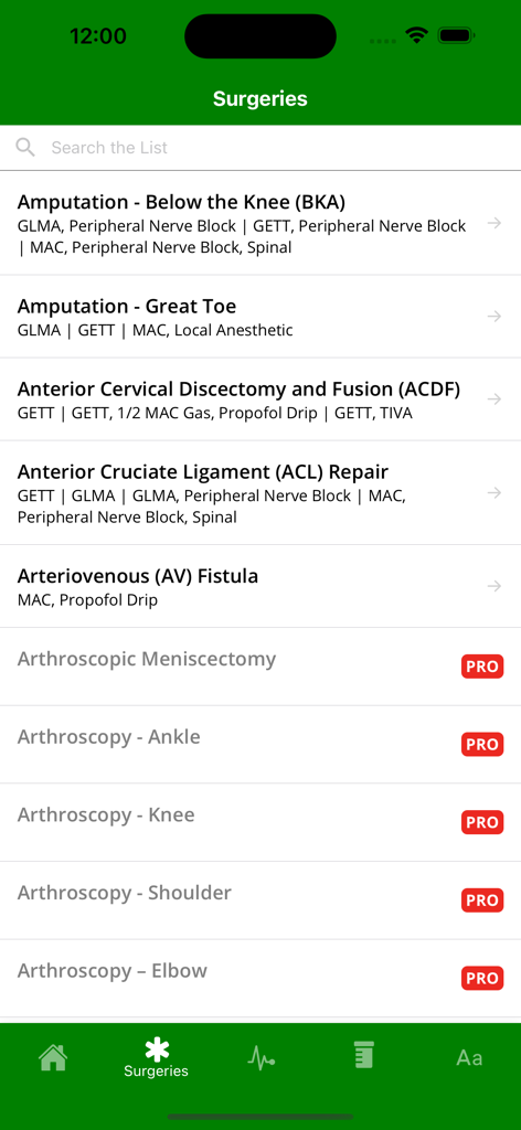 Master Anesthesia - Master Anesthesia app interface showing a list of surgical procedures with their corresponding anesthetic implications.