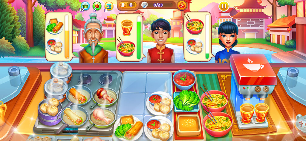 Gameplay-Screenshot von Cooking Fest, der ein chinesisches Restaurant-Level zeigt, in dem ein Koch Nudeln und Dumplings für Kunden zubereitet
