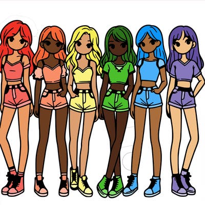 a group of girls wearing crop tops and shorts