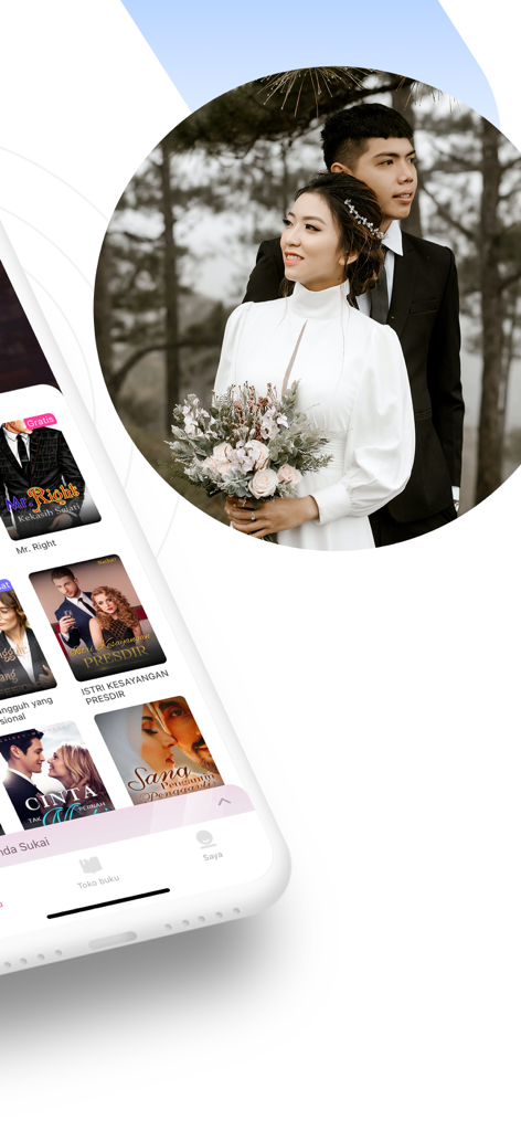 Pobaca-Ambil Nafasku Pergi - Pobaca app interface showing Indonesian romance novels and a wedding couple
