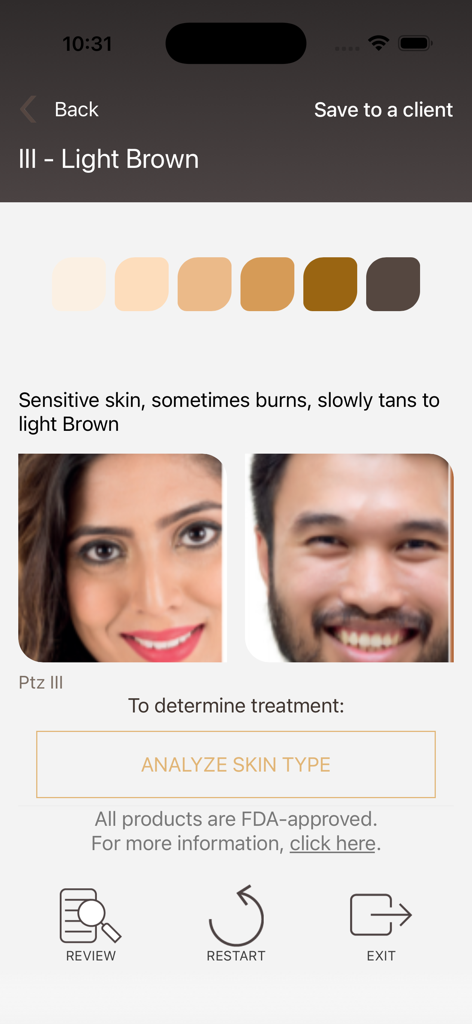 NOON Aesthetics - Professional skin analysis screen in the NOON Aesthetics app showing Fitzpatrick Type III light brown classification.