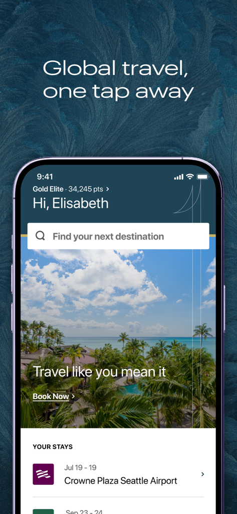 Tela inicial do aplicativo IHG One Rewards mostrando status de fidelidade, pontos e uma barra de pesquisa de hotel