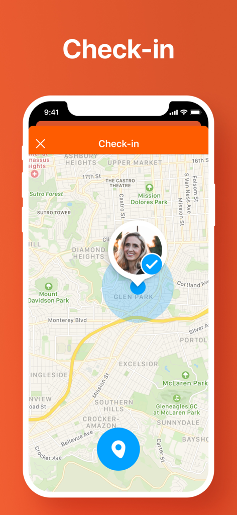 Smartphone-Bildschirm, der die Check-in-Funktion der Familo-App mit einem Benutzerprofilbild auf einer Karte anzeigt