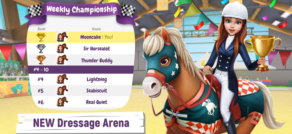 My Horse Stories - トロフィーを持った女性ライダーが馬に乗って、週刊チャンピオンシップのリーダーボードの隣にいる