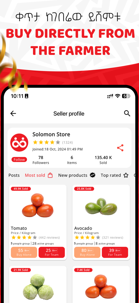 Interfaz de la aplicación de compra social ChipChip que muestra un perfil de vendedor con descuentos grupales para productos frescos