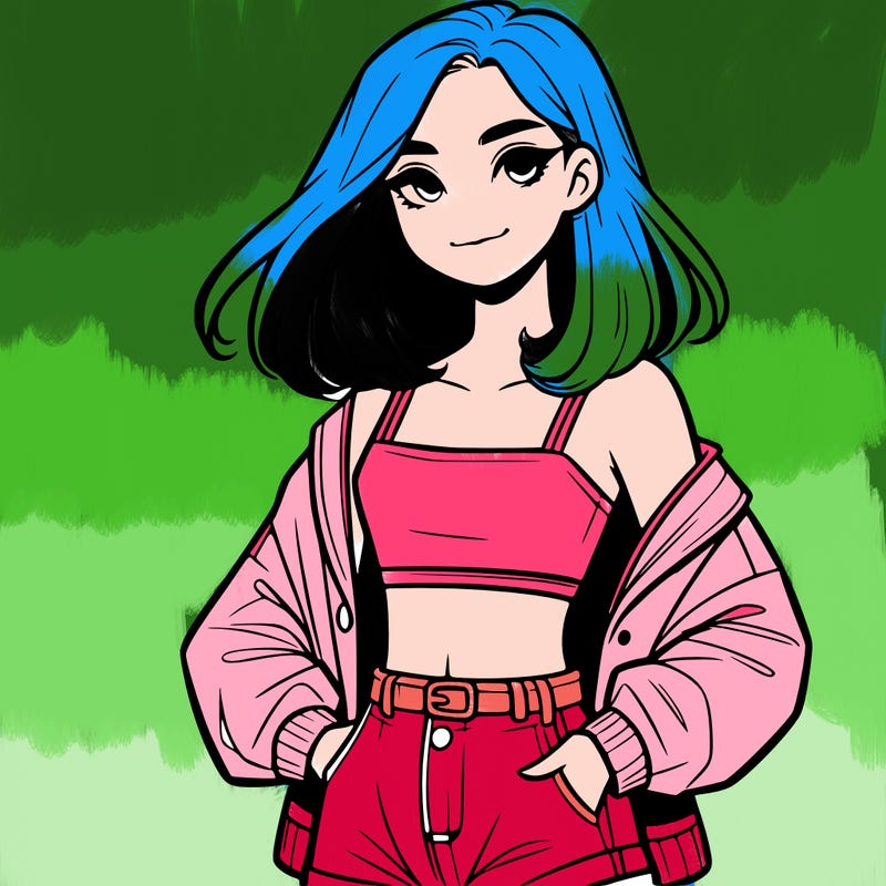 a realistic girl with a crop top and short shorts in an open jacket