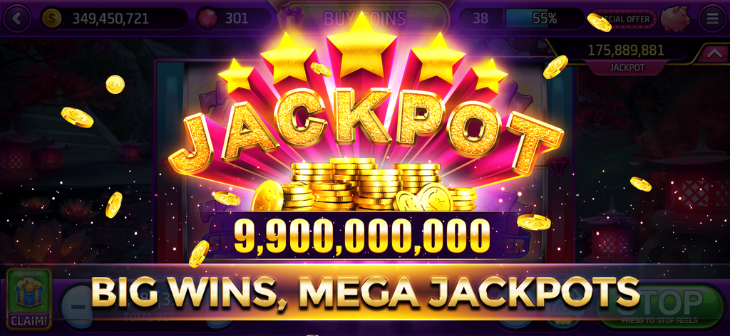 Vegas Classic Slots Casino 777 - A vibrant jackpot screen in Vegas Classic Slots showing a huge win of 9.9 billion coins with golden stars and stacks of coins.