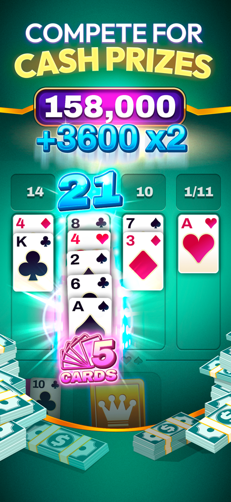 Blackout Blackjack - Real Cash - ブラックアウト・ブラックジャックのゲームプレイ画面、カードのスタックと現金賞品が表示されている