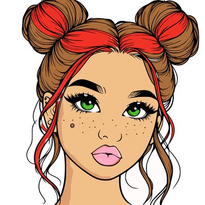 realistic girl with two buns on her hair and lips