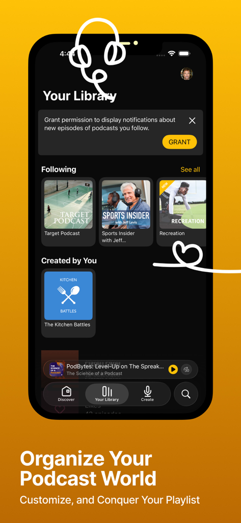 팔로우한 팟캐스트 및 제작한 팟캐스트가 있는 라이브러리 화면을 보여주는 Spreaker Podcasts 앱
