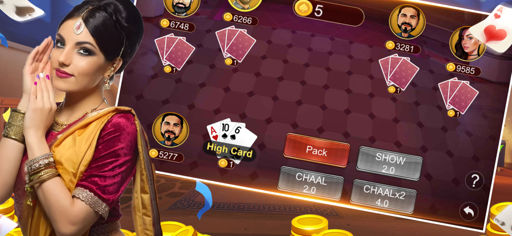 Interface de jogabilidade TeenPatti Diamond Rush Poker mostrando cartas e avatares de jogadores