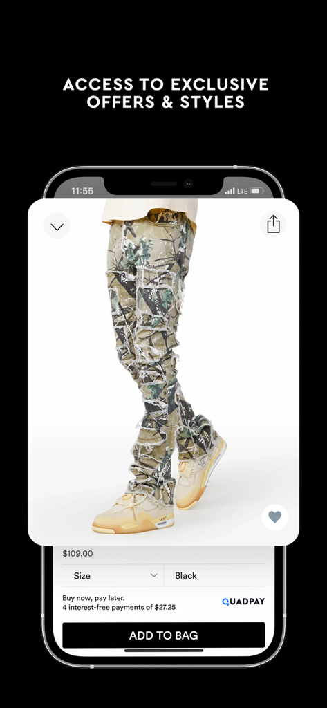 Rockstar Original - Rockstar Originalモバイルアプリに、迷彩柄のストリートウェアパンツと限定オファー、後払いオプションが表示されています
