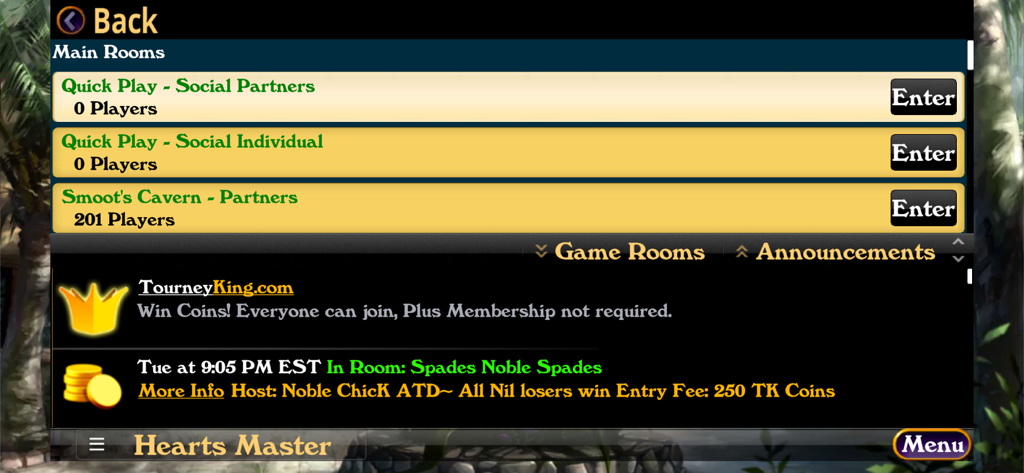 Hardwood Spades Pro - Main menu screen of Hardwood Spades Pro showing available game rooms and tournament announcements