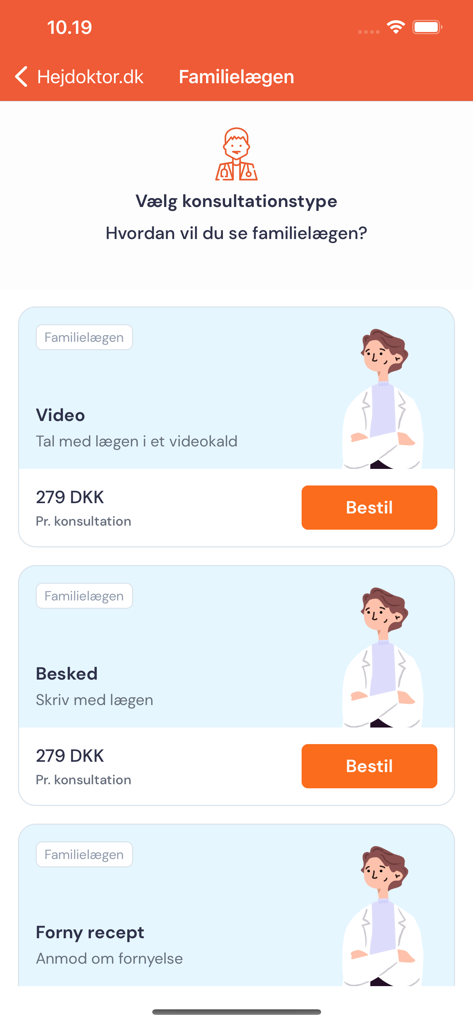 Hejdoktor.dk - Screen showing Hejdoktor app consultation options for video calls, messages, and prescription renewals.