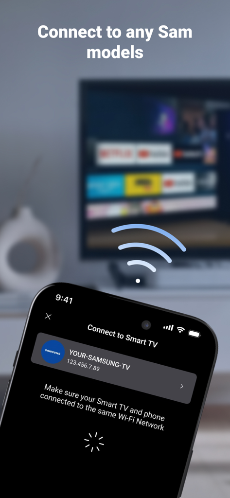 Interfaz de la aplicación de smartphone conectándose a un Smart TV Samsung en una red Wi-Fi local