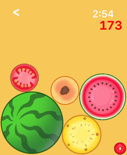Merge Watermelon 4 Watch - Gameplay of the Merge Watermelon puzzle game on Apple Watch featuring various circular fruit icons and a score counter