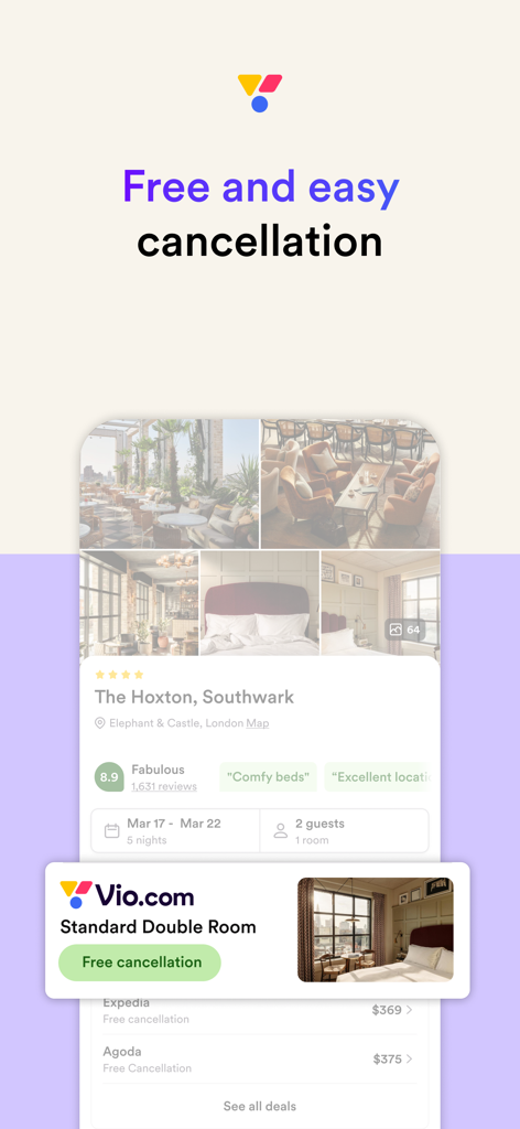 Vio.com: Hotels & travel deals - Screenshot dell'app Vio.com che mostra un'interfaccia di prenotazione hotel con un'evidenziazione di cancellazione gratuita e confronti dei prezzi