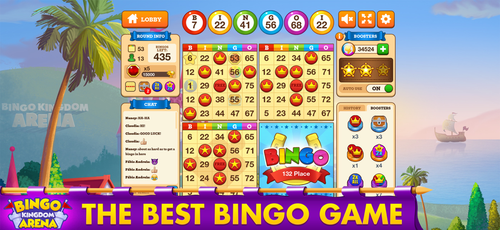 Bingo Kingdom Arena Bingo Game - Bingo Kingdom Arena gameplay showing multiple bingo cards and live chat on a tropical background.
