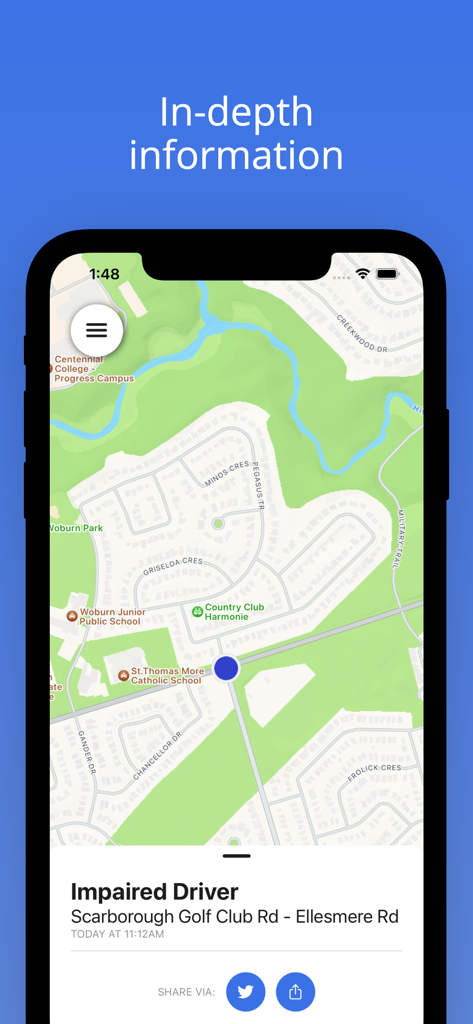 tpscalls - Toronto police activity map showing an impaired driver incident on the tpscalls app