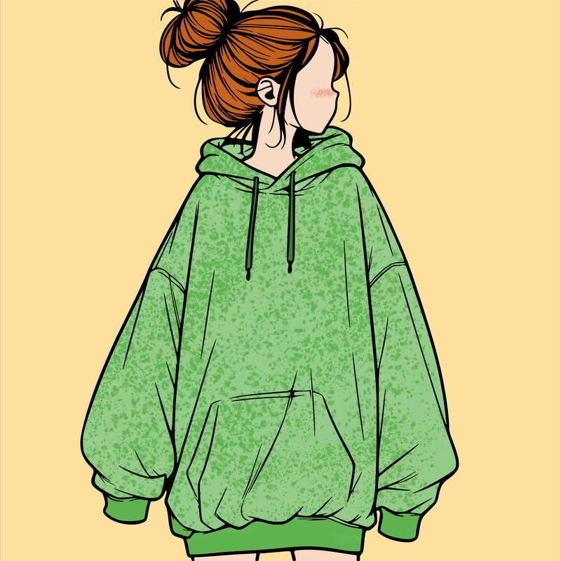 realistic girl with a oversized sweatshirt on and a bun