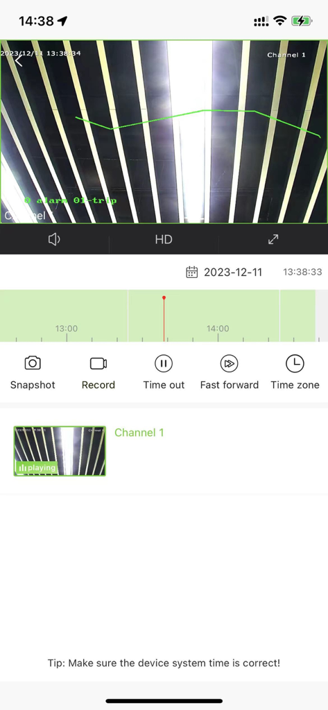 EasyLive Plus - EasyLive Plus mobile app interface showing security camera video playback and timeline