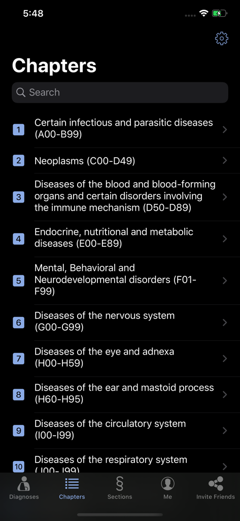 Screenshot of the ICD-10 CM Codes app showing a list of medical chapters and diagnostic code ranges in dark mode.