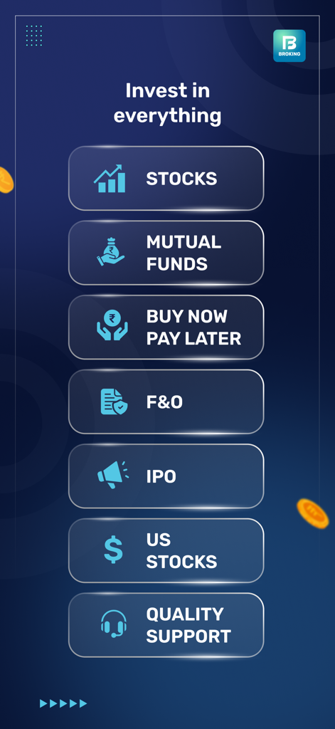 Bajaj Broking mobile app interface showing investment options for stocks, mutual funds, and IPOs