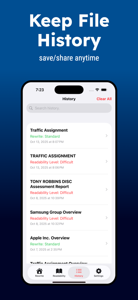 Paraphrase tool: AI Helper - A smartphone screen displaying a history list of rewritten assignments and readability reports in the Paraphrase Tool app.
