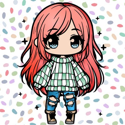 chibi girl with ripped jeans,long hair, and an oversized sweater