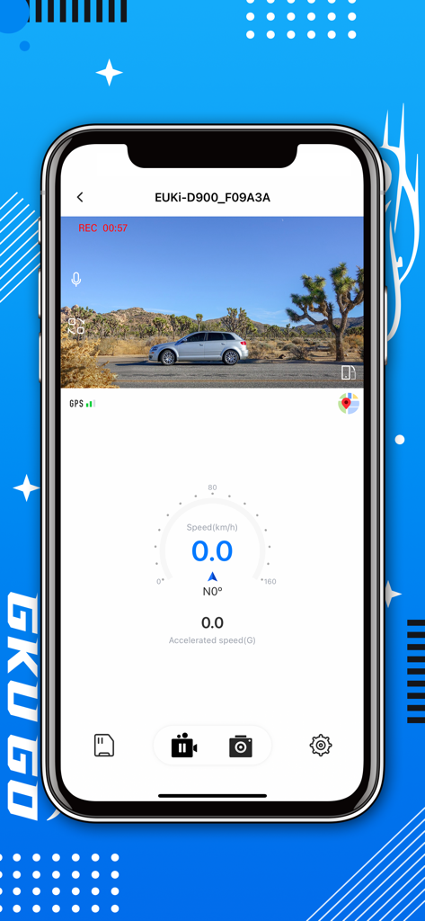 GKU GO - Pantalla de smartphone mostrando la aplicación GKU GO con una transmisión de vídeo de la dash cam y métricas de velocidad del vehículo