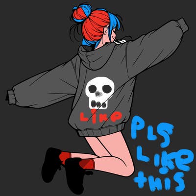 realistic girl jumping with a bun and oversized sweatshirt