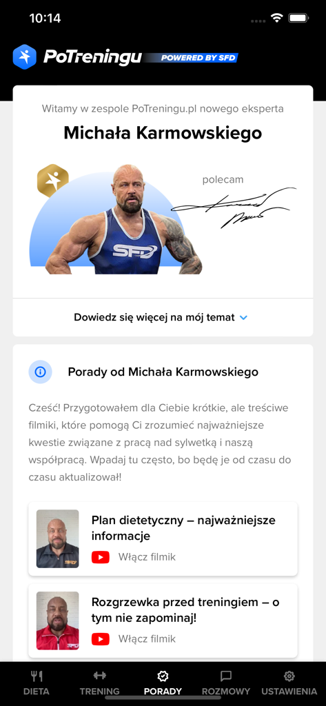 Écran d'application mobile montrant le profil d'un expert en fitness avec des conseils vidéo et des conseils d'entraînement