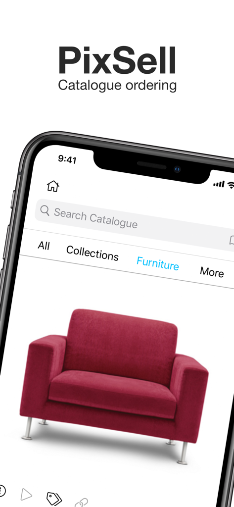 PixSell 3 - PixSell 3 mobile app interface displaying a digital furniture catalogue with a red armchair