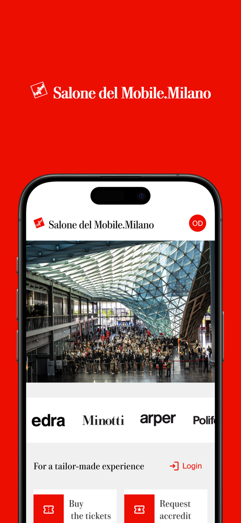 Salone del Mobile.Milano - Home screen of the Salone del Mobile.Milano mobile app displaying event ticketing options and luxury design brand logos.