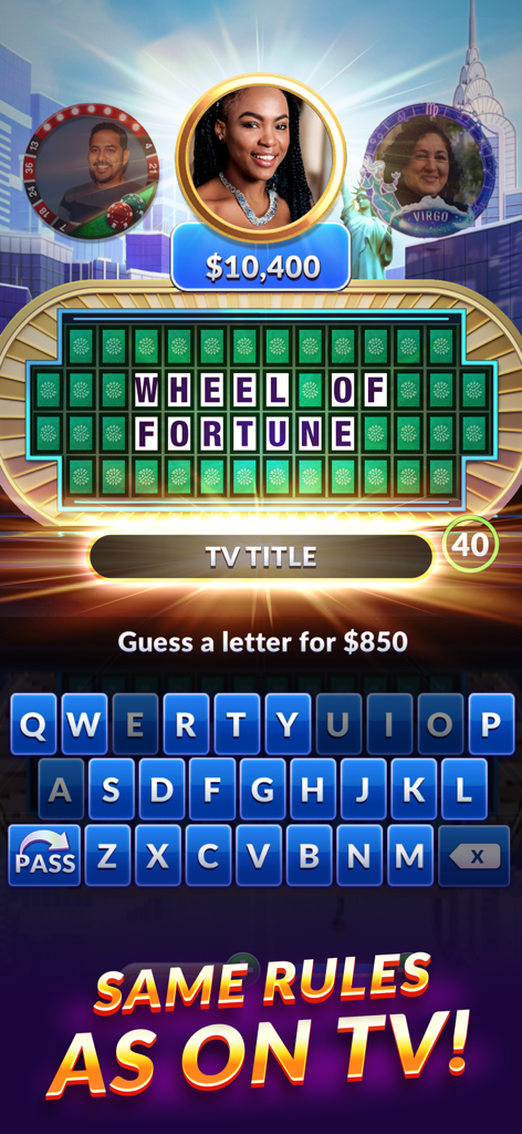 Wheel of Fortune: Show Puzzles - Captura de pantalla del juego móvil de Wheel of Fortune mostrando el tablero de puzzles con avatares de jugadores y una interfaz de teclado.