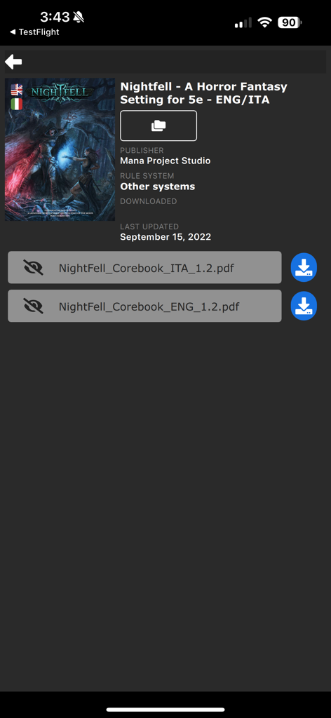 DriveThruRPG Library - DriveThruRPGライブラリアプリのPDFダウンロードリンクを表示するNightfell Corebookの製品ページ。