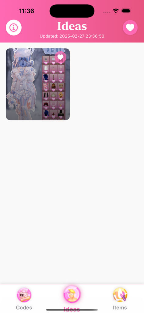 DTI:New Dress to Impress Codes - DTI app ideas screen showing a winter aesthetic outfit and its corresponding item list for Roblox